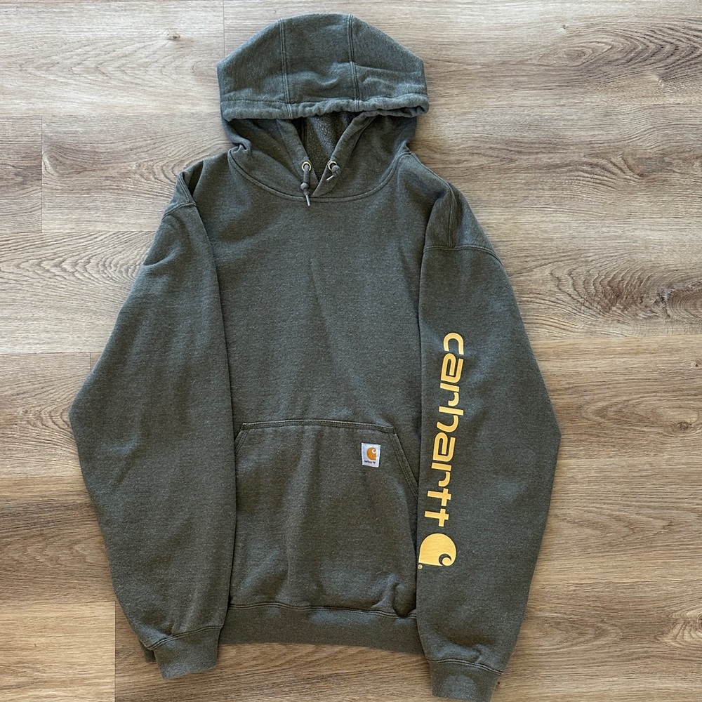 Carhartt Olive Green Hoodie with Bold Yellow Sleeve Logo